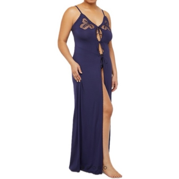 Rihanna savage fenty sz L large long maxi slip dress gown navy blue sexy front - Picture 4 of 8